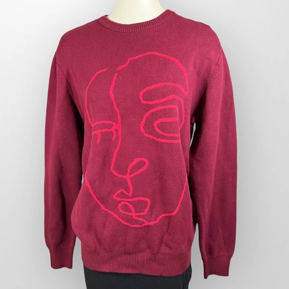 Forever 21 Men (M) Portrait Line Art Graphic Sweater Burgundy/Red NWT - Picture 1 of 8